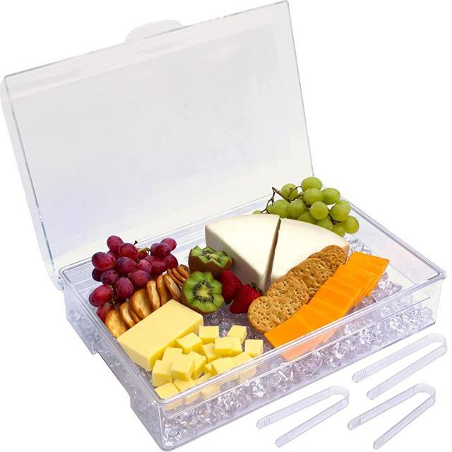 Ice Chilled Party Platter - Large Removable Serving Tray and Hinged Lid | Ideal for Appetizers, Seafood, Cheeses, Meats, Desserts and More | 3 Tongs Included