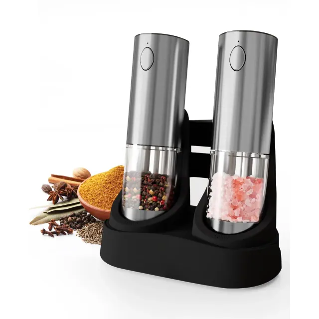 SUGIFT Electric Salt and Pepper Grinder Set Rechargeable Stainless Steel Mills with LED Light Adjustable Coarseness Type C Charging Base 95ml Capacity