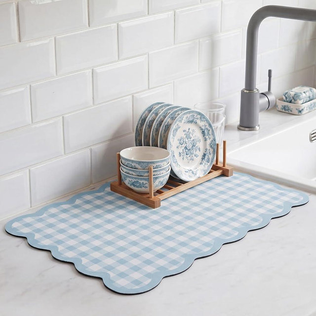 Ferrochef Scalloped Checkered Dish Drying Mat, 12" x 20" Absorbent Coffee Mat for Kitchen Counter, Gingham Espresso Machine Countertops Accessories with Non-slip Backing for Coffee Countertops(Blue)