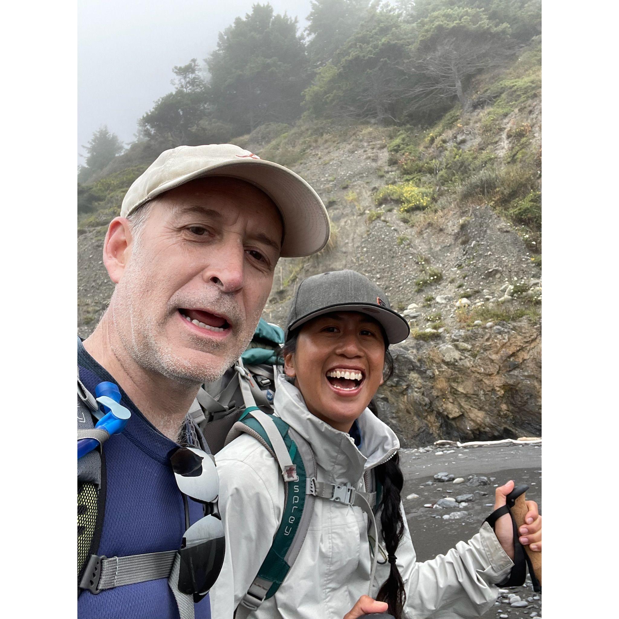 Lost Coast Trail with Steve & Yuri...less than a mile to go across the black sand beach!