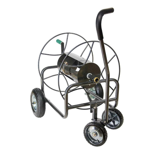 Yard Butler 4 Wheel Powder Coated Steel Hose Truck Holds 400 Feet of Hose with 2 Pneumatic Real Tires and 2 Rubber Front Turning Tires, Black