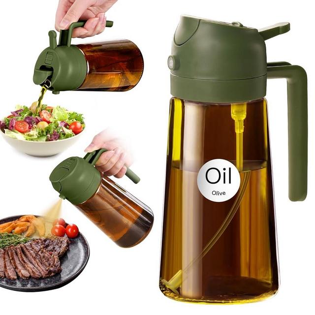 YARRAMATE 16oz/470ml Dark Brown Oil Sprayer for Cooking with Stickers, Food-grade Premium 2 in 1 Olive Oil Dispenser Bottle for Kitchen Gadgets, Air Fryer, Salad, Frying, BBQ (OliveGreen)