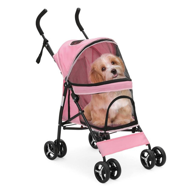MoNiBloom 4 Wheels Pet Stroller, Easy-Fold Puppy Cage Jogger Stroller with Sun Cover, Pad and Rear Storage Bag, Breathable and Visible Mesh for Small/Medium Pets up to 22 lbs, Pink