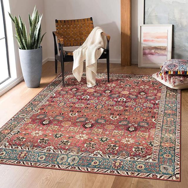 vivorug Washable Rug, Ultra Soft Area Rug 5x7, Non Slip Boho Rug Foldable, Stain Resistant Rugs for Living Room, Floral (Cherry Red/Spice, 5'x7')