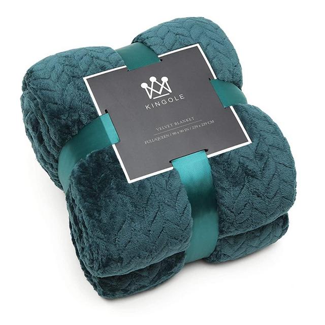 Kingole Flannel Fleece Luxury Throw Jacquard Weave Blanket, Peacock Blue Queen Size Leaf Pattern Cozy Couch/Bed Super Soft and Warm Plush Microfiber 350GSM (90 x 90 inches)