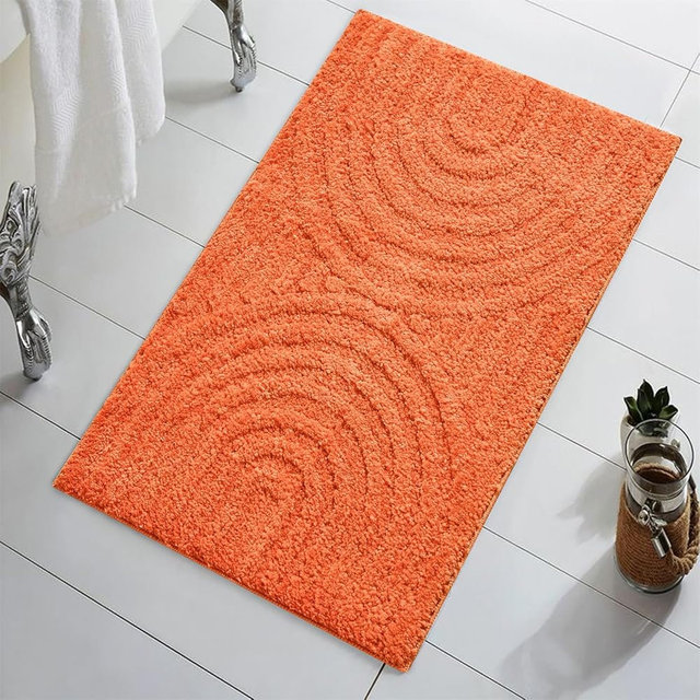Lansatte Boho Rustic Bath Mat Orange Non-Slip 20’’W x 32’’L Modern Farmhouse Minimalist Rainbow Tufted Bathroom Rugs Rubber Backed, Bohemian Geometric Bath Rug Microfiber Absorbent Floor Mat