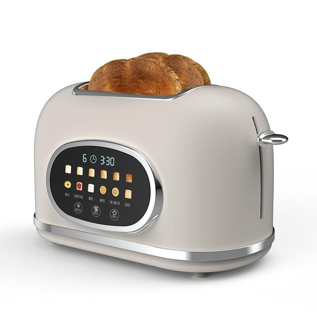 Rae Dunn Retro Digital Electric Toaster, 2 Slice Stainless Steel Toaster With Touchscreen, Countdown Timer, 6 Shade Settings, Wide Slots, High Lift Lever, Bagel, Defrost & Reheat, Digital Cream