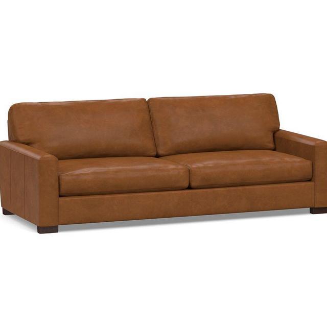 Turner Square Arm Leather Sofa 94", 2-Seater, Down Blend Wrapped Cushions, Vintage Caramel
