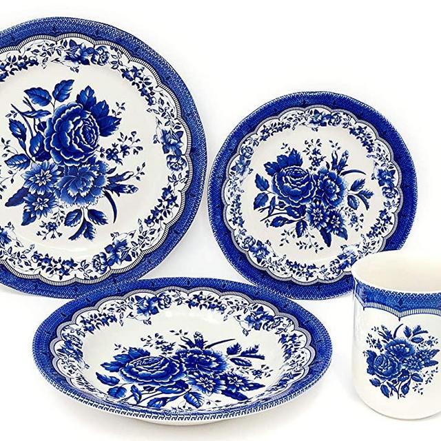 Tudor Royal Collection 16-Piece Premium Quality Round Porcelain Dinnerware Set, Service for 4 - VICTORIA Blue, See 10 Designs Inside!