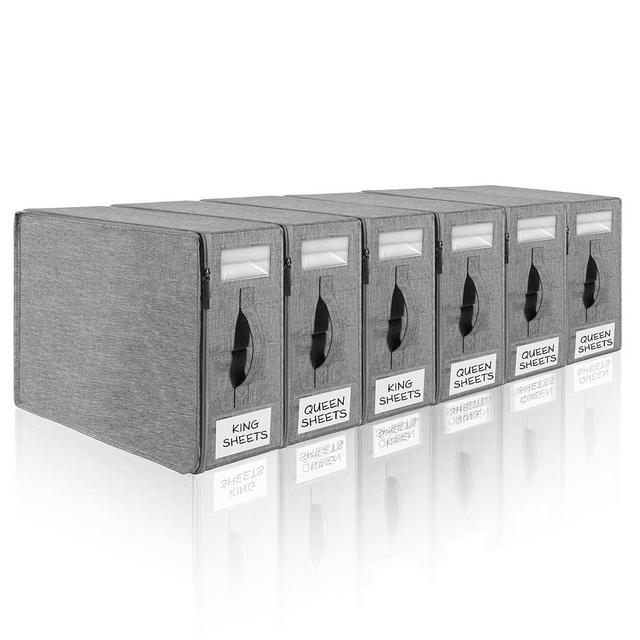 KitHero 6pack Bed Sheet Organizer, Foldable Linen Closet Organizers and Storage with Sealed Design, Queen & King Size Sheet Storage with Window, Closet Organizer for Bedsheets/Blankets/Clothes, Grey