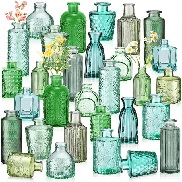 Yaomiao 30 Pcs Vases Bulk Colored Flower Glass Bud Vases Valentine Vintage Colored Glass Bottles Colorful Rustic Embossed for Home Wedding Table Decorations Gifts(Green Series)