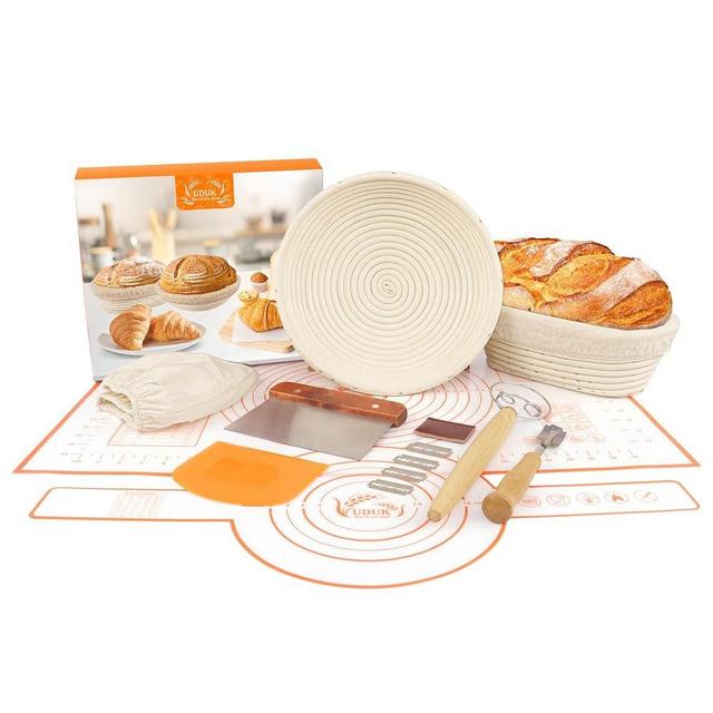 UDUK Banneton Bread Proofing Basket,Sourdough Proofing Basket Set of 2, 10 inch Round and 9.6 Oval with Bread Making Tools, Sourdough Bread Baking Supplies, Natural Rattan Proofing Bowls Baskets