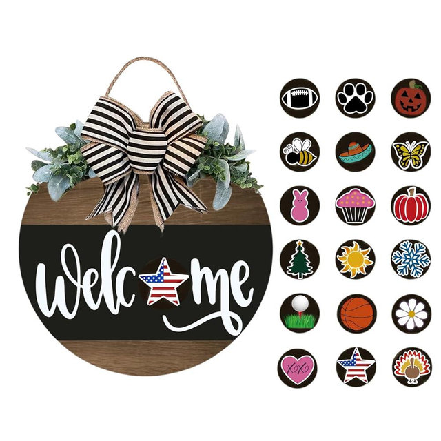 Interchangeable Wooden Seasonal Welcome Sign, Rustic Round Wreath for Front Door Porch Home/Wall/Porch Decor, for Easter Spring Summer Fall Halloween Christmas All Season Decorations (Black)