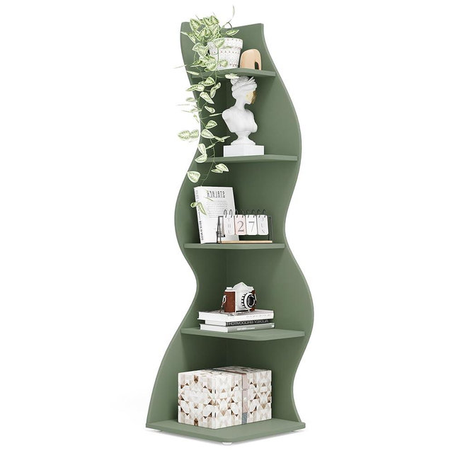Tribesigns Corner Shelf, Modern 5-Tier Wall Corner Bookshelf, Stylish Corner Small Bookcase Storage Rack Plant Stand with Unique Shape for Living Room, Home Office (Sage Green, 1PC)