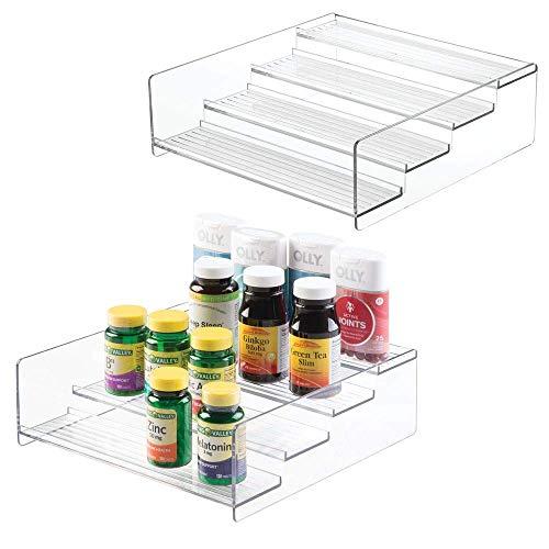 mDesign Plastic Bathroom Storage Organizer Shelf for Cabinet, Vanity, Countertop - Holds Vitamins, Supplements, Medicine Bottles, Essential Oils, Nail Polish, Cosmetics - 4 Levels, 2 Pack - Clear