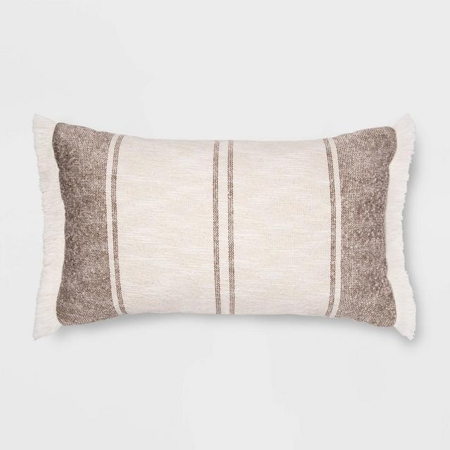 14"x24" Oversize Woven Striped Lumbar Throw Pillow with Fringe Bronze/Cream - Threshold™