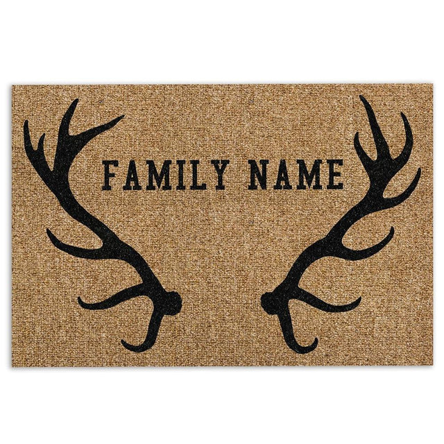 OhaPrints Custom Deer Hunting Forest Deer Horn Brown Personalized Name Welcome Doormat Front Rubber Door Mat Home Porch Decor Outdoor Indoor Entrance Floor Entryway Rug Modern Outside Entry Carpet