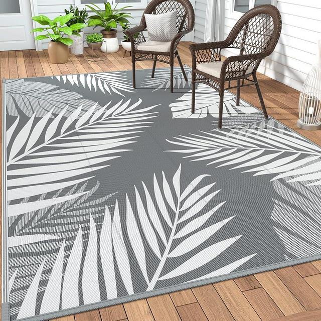GENIMO Outdoor Rug 5' x 7' Waterproof for Patios Clearance, Reversible Outdoor Plastic Straw Camping Rug Carpet, Large Area Rugs Mats for RV, Picnic, Backyard, Deck, Balcony, Porch, Beach, Grey&White