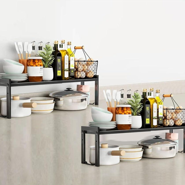 Urhomey plus 2 Pack Expandable Cabinet Shelf Organizer 16-26" L Stackable Kitchen Counter Shelves Rack Stand Sink Riser Countertop Storage Black (Normal 7.9”D)