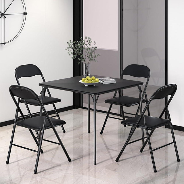 VECELO 5-Piece Folding Card Table Square and Chair Set, Padded Upholstery Tabletop & Seat, Foldable & Portable for Indoor Outdoor Use, PU & Black