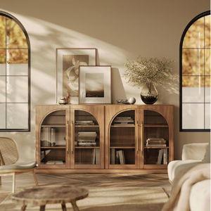 BELLEZE 65" Arched Sideboard with Glass Door, Accent Buffet Cabinet with Storage and Adjustable Shelves, Classic Modern Large Console Table for Dining Room Living Room Entryway (Camel)