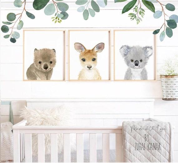 Australian native Animals, set of 3 prints, gender neutral wall art, nursery prints, bedroom decor, new baby gift, koala, wombat, kangaroo