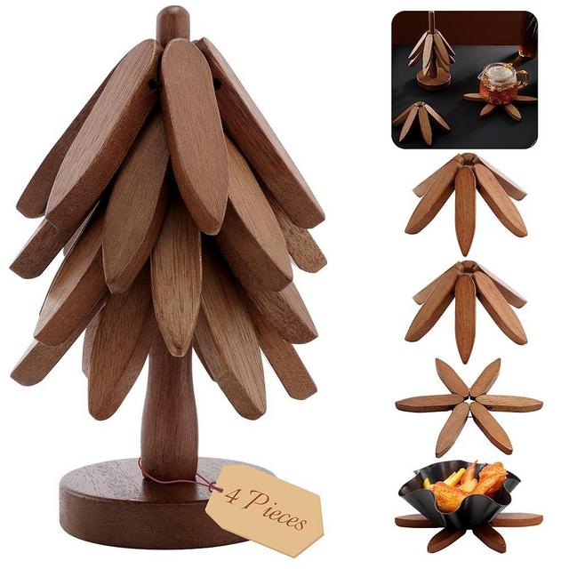 Wooden Tree Coasters with Holder, Wooden Trivets for Hot Dishes Decorative Christmas Tree Shape Includes 4 Pcs Hot Plate Mats, Tree Trivets for Hot Pots and Pans, Hot Pads for Countertop, Sapele