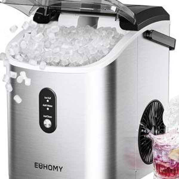 EUHOMY Nugget Ice Maker Countertop with Handle, Ready in 6 Mins, 34lbs Per Day, Removable Top Cover, Auto-Cleaning, Portable Sonic Ice Maker with Basket and Scoop, for Home/Party/RV/Camping (Silver)