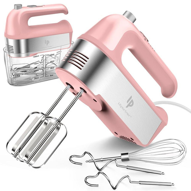 Hand Mixer Electric, 450W Kitchen Mixers with Scale Cup Storage Case, Turbo Boost/Self-Control Speed + 5 Speed + Eject Button + 5 Stainless Steel Accessories, For Easy Whipping Dough, Cream, Pink