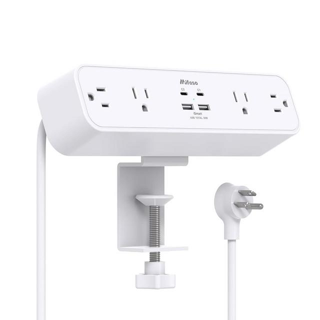 PD30W Desk Clamp Power Strip, Desktop Mount Surge Protector, Fast Charging Station, Desk Mount Desk Shelf with 4 Outlets 4USB Ports (2USB C), 5Ft Extension Cord Desk Accessories Home Office Essentials