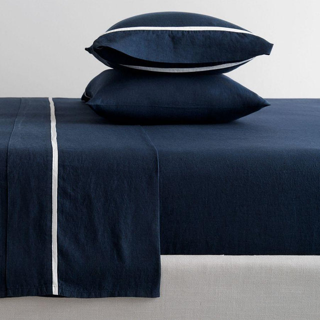 Belgian Flax Linen Contrast Flange Sheet Set, Midnight/White, King