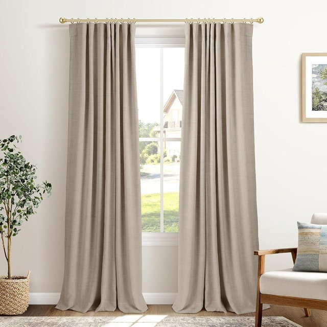 INOVADAY 100% Blackout Curtains for Bedroom, Black Out Curtains 84 Inch Long, Clip Rings Linen Blackout Drapes, Thermal Insulated Room Darkening for Living Room, 2 Panels - Earthy Beige,W50xL84