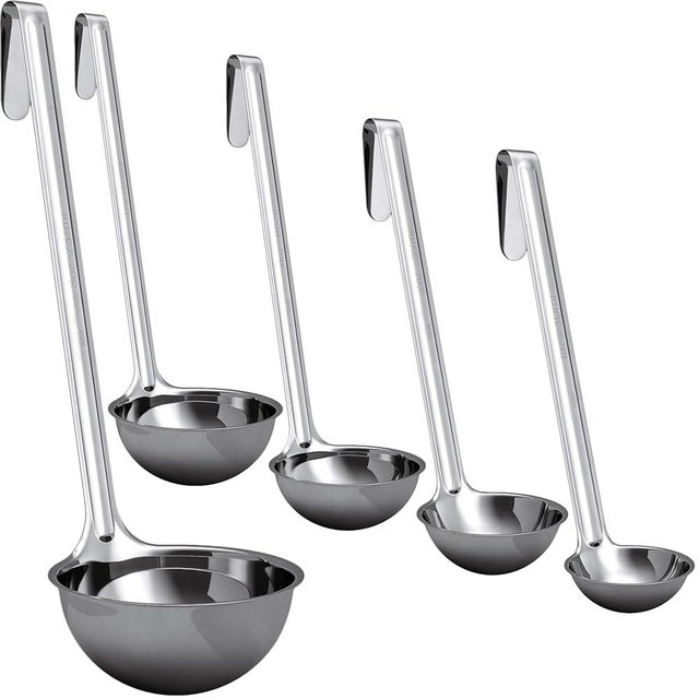 Sturdy, Ergonomic Combo Sizes Ladles 5 Pk. 1 2 4 6 8 Oz Stainless Steel Ladle with Long Handles. Best Kitchen Supplies for Stirring, Portioning and Serving Soup, Chili and Stew in Restaurants and Home