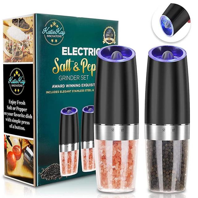 Electric Gravity Pepper Grinder set of 2, Automatic Salt and Pepper Mill Grinder, Battery Powered, Adjustable Roughness, Blue LED Light, One Hand Operation (Black 2 pack)