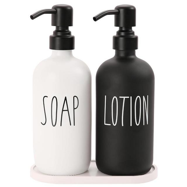MOMEEMO Soap Dispenser for Bathroom, Glass Soap Dispenser with Stainless Steel Pump, Contains Lotion Dispenser, Hand Soap Dispenser & Tray Suitable for Farmhouse Bathroom Decor. (Black & White)