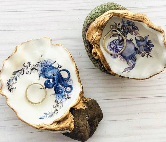 Oyster Shell & Stone Decoupage Octopus - Crab - Sea Creatures - Nautical Ring Dish - Coastal Home Decor