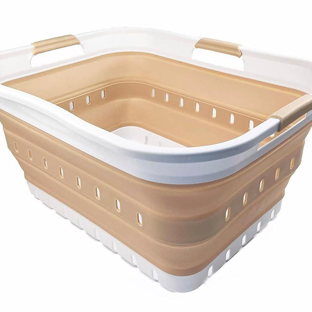 SAMMART 42L (11 gallon) Collapsible Plastic Laundry Basket - Foldable Pop Up Storage Container/Organizer - Space Saving Hamper/Basket (White/Latte)