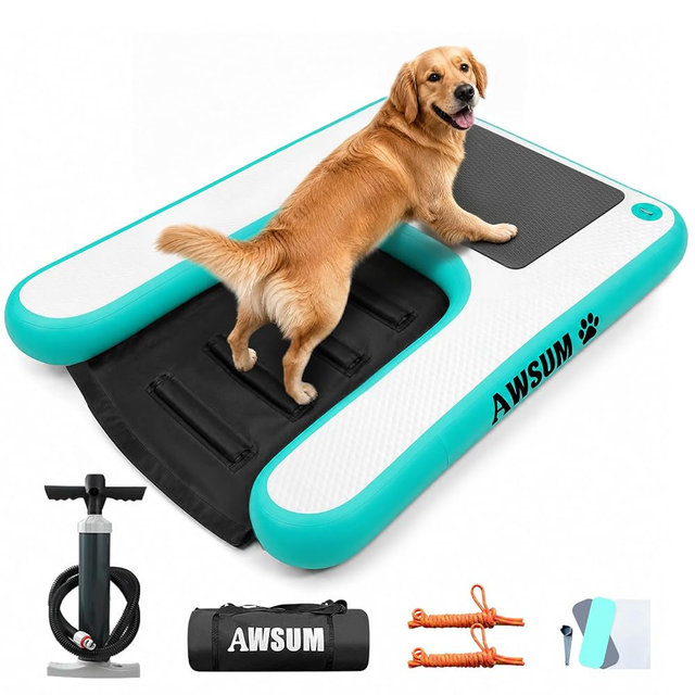AWSUM Inflatable Dog Water Boat Ramp Large Dock Floating Ladder for Dogs Up to 260lbs On Water Float Steps for Lakes Easy Access Dog Pool Ramp with Anti-Slip EVA