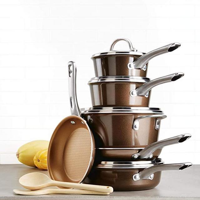 Ayesha Curry 10767 Home Collection Porcelain Enamel Nonstick Cookware Set, Brown Sugar, 12-Piece