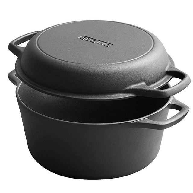 2-In-1 Cast Iron Dutch Oven Set, EDGING CASTING Pre-Seasoned Dutch Oven Pot with Lid and Dual Handles, for Bread, Frying, Cooking, 5-Quart