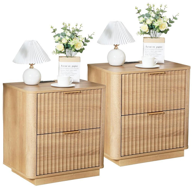 HtThalamic Fluted Nightstand Set of 2, Wood End Table with Charging Station, 23" Modern Night Stands with 2 Drawers, Oak Bedside Table for Bedroom
