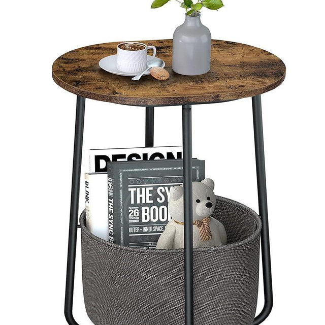 TUTOTAK Small Side Table, Oval End Table, Night Stand, Bedside Table, Sofa Table with Cloth Storage Basket, Living Room, Bed Room, Brown TB01BB063