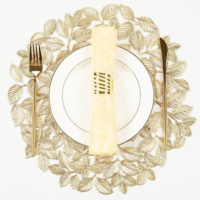 Crisjanggo Metallic Placemats Set of 6 Gold Leaf Round Placemats Non-Slip Wipeable Table Mats for Dinner,Party,Wedding Accent Centerpiece