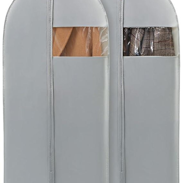 Perber 43" Garment Bags for Hanging Clothes, Suit Bags for Closet Storage and Travel, Grey Suit Cover Bags with Clear Window for Coats, Jackets, Shirts (2 Packs)