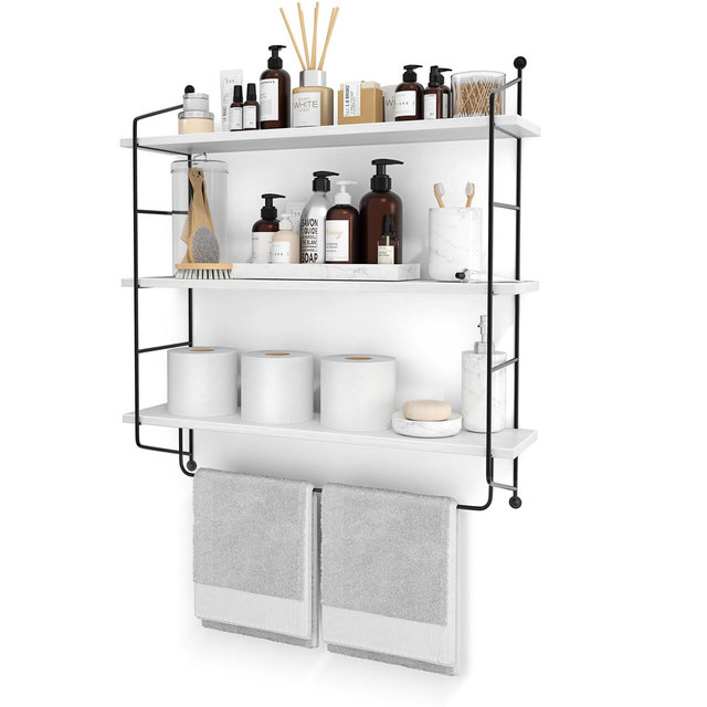Sorbus 3-Tier Wooden Floating Shelves with Metal Brackets - Storage for Towels, Over the Toilet, Bathroom Accessories & More