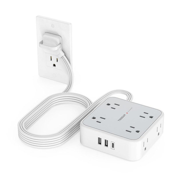 Surge Protector Power Strip Flat Plug, TESSAN Long Extension Cord 10 FT with 8 Outlets, 3 USB Ports(1 USB C), 3-Sided Outlet Extender, 900 Joules Protection, Desk Charging Station for Home, Office