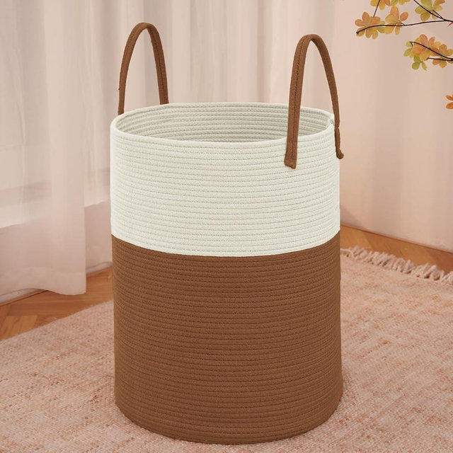 JMvicyroam Large Woven Laundry Basket Hamper,60L Cotton Rope Storage Bin for Blankets,Toys and Clothes,Decorative Tall Nursery Hamper for Living Room,Baby Nursery,Bathroom and Bedroom,White and Brown