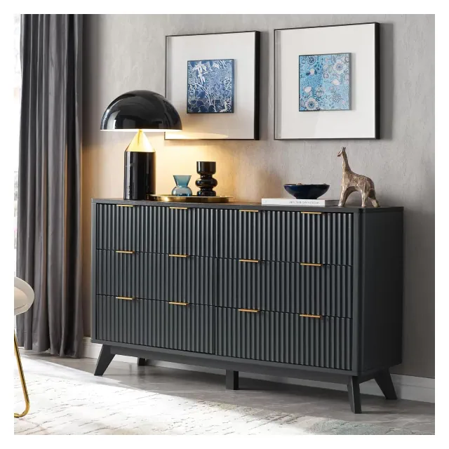 54" Wide Modern Dresser with 6 Drawers, Fluted Chest of Drawers with Faux Marble Top, Wood Drawer Organizer for Bedroom, Living Room, Black
