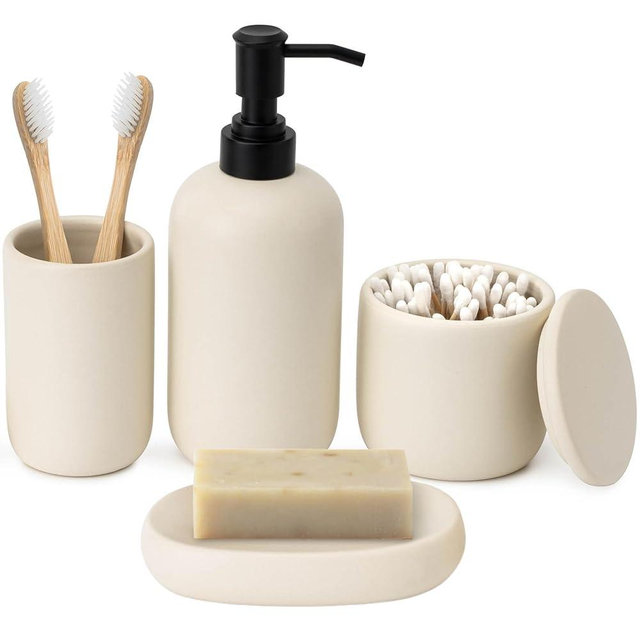 Off-White Ceramic Bathroom Accessories Set 4 Pcs - Modern Scandinavian Neutral Soap Dish & Dispenser Toothbrush Holder Cup - Minimalist Countertop Accessory Set - Cream Light Beige Bathroom Decor