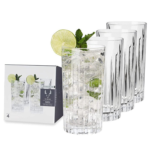 Viski Highball Tumblers, 4 Lead-Free Crystal Cocktail Glasses European Made Glassware, Set of 4, Clear
